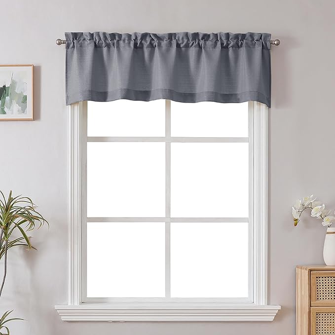 Chyhomenyc Dark Grey Short Curtain Valance for Windows, Faux Linen Textured Half Window Curtains, Burlap Solid Topper Small Curtain Valance for Bathroom Laundry Basement, 60Wx18L Inch, 1 Piece