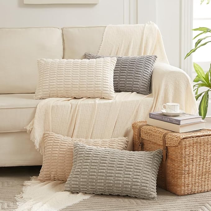 Fancy Homi 4 Packs Neutral Boho Long Lumbar Decorative Throw Pillow Covers 16x32 Inch for Couch Sofa, Rustic Farmhouse Boho Neutral Home Decor, Soft Plush Striped Corduroy Square Cushion Case 40x80 cm