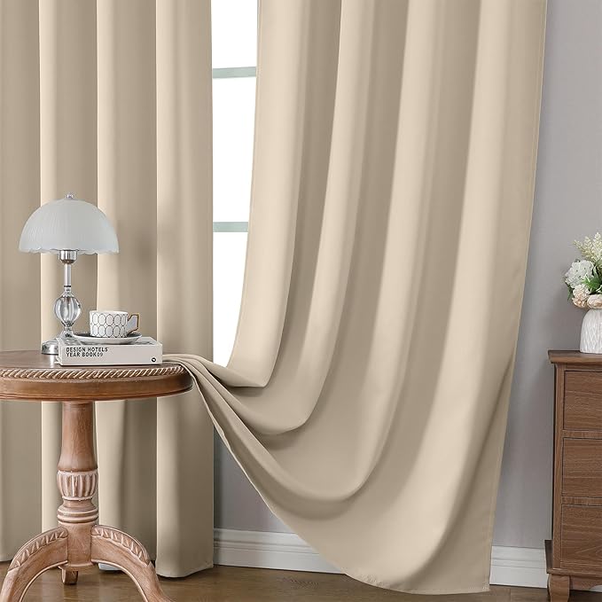 CUCRAF Light Beige Blackout Curtains 72 inch Length 2 Panels Set, Rod Pocket Room Darkening Drapes for Bedroom Living Room, Insulated Thermal Light Blocking Window Curtain (W52 x L72 Inch)