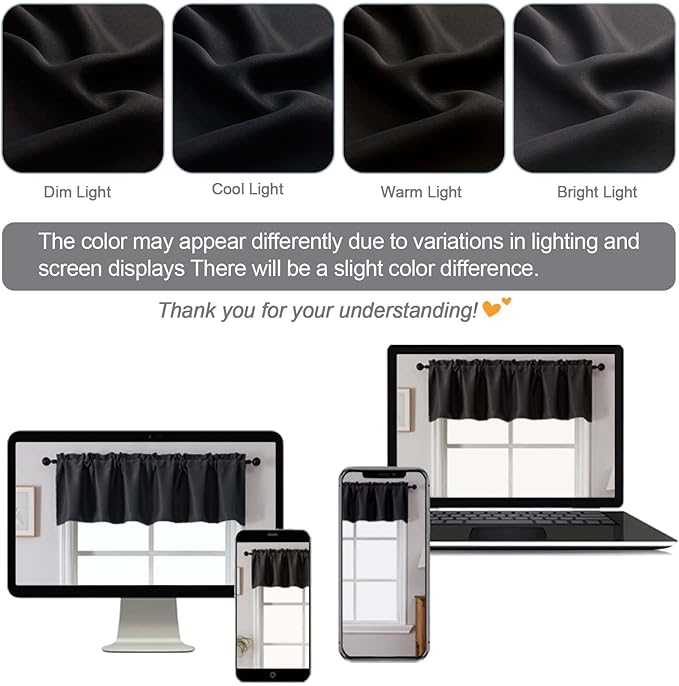 Chyhomenyc Black Valances for Window, Room Darkening Short Curtains for Kitchen Bedroom Living Room, Rod Pocket Top Small Window Treatment Valance RV Bunk Panels, 40" Wx14 L, 2 Pieces