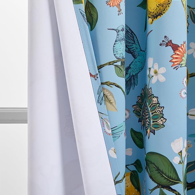 Topfinel Blue and White Patterned Aesthetic Pretty Curtains 84 Inches Long 2 Panels,Grommet Botanical Light Blue Floral Hummingbird Window Treatment for Living Dining Room Bedroom Playroom