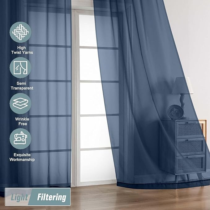 Navy Blue Sheer Curtains for Window 72 inches Long 2 Panels Set, Soft Airy Modern Light Filtering Sheer Curtains for Living Room Bedroom, Dual Rod Pocket Solid Window Drapes, 2x42Wx72L inches
