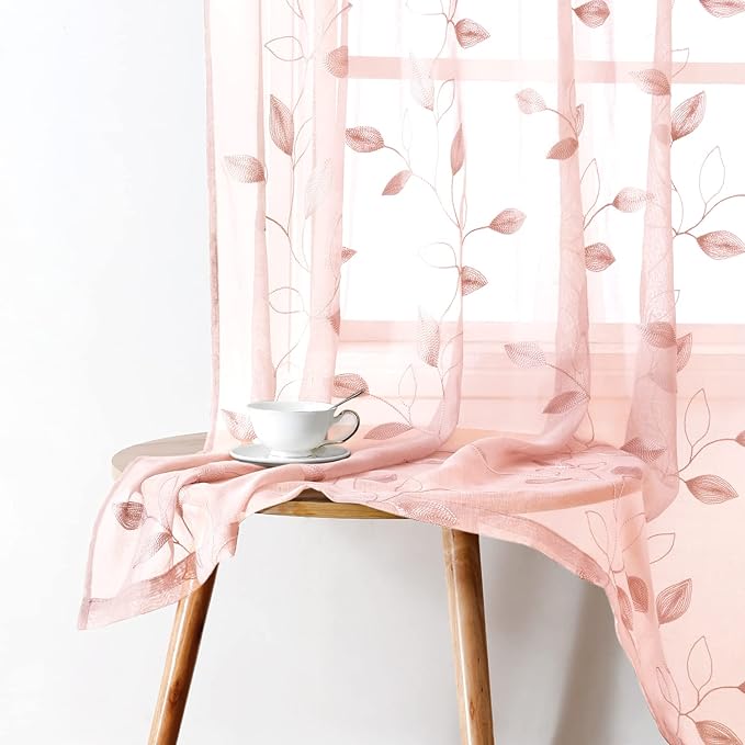 HOMEIDEAS Blush Pink Sheer Curtains 52 X 84 Inches Length 2 Panels Embroidered Leaf Pattern Pocket Faux Linen Floral Semi Sheer Voile Window Drapes for Bedroom Living Room