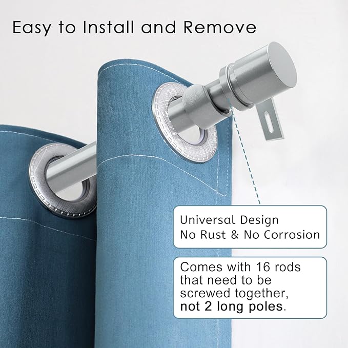 Byondeth Curtain Rods for Windows 16 to 240 Inches Adjustable Length 1 Inch Diameter Window Curtain Rod with Aluminium End Cap, Silver Gray