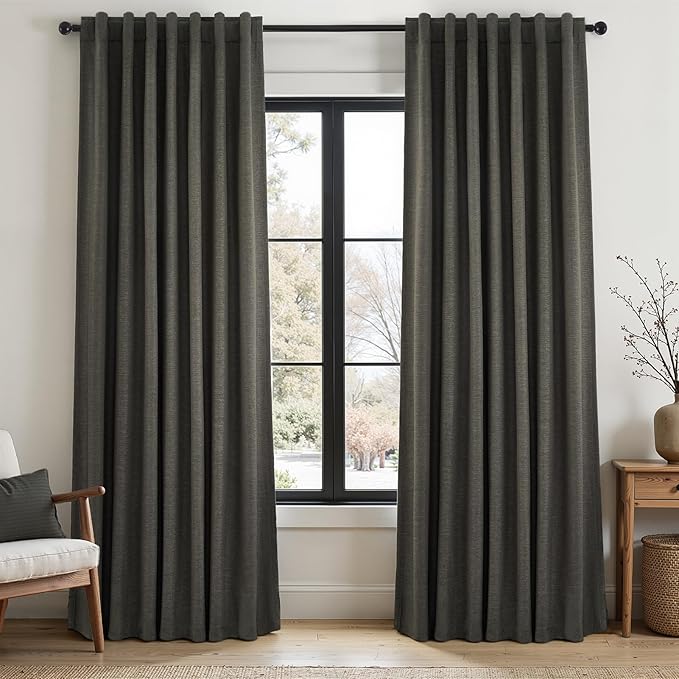 Topfinel 100% Blackout Linen Textured Curtains 84 inches Long Charcoal Gray Thermal Insulating Privacy Energy Saving for Bedroom Living Room Window Office Theater Baby Nursery Back Tab 2 Panels