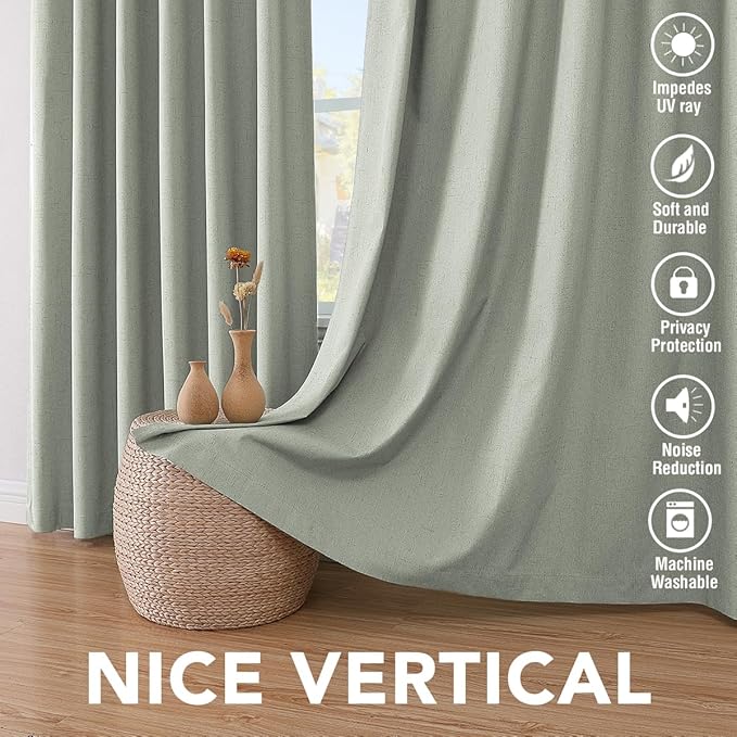 H.VERSAILTEX Linen Blackout Curtains 63 Inches Long 100% Absolutely Blackout Thermal Insulated Textured Linen Look Curtain Draperies Anti-Rust Grommet, Energy Saving with White Liner, 2 Panels, Sage