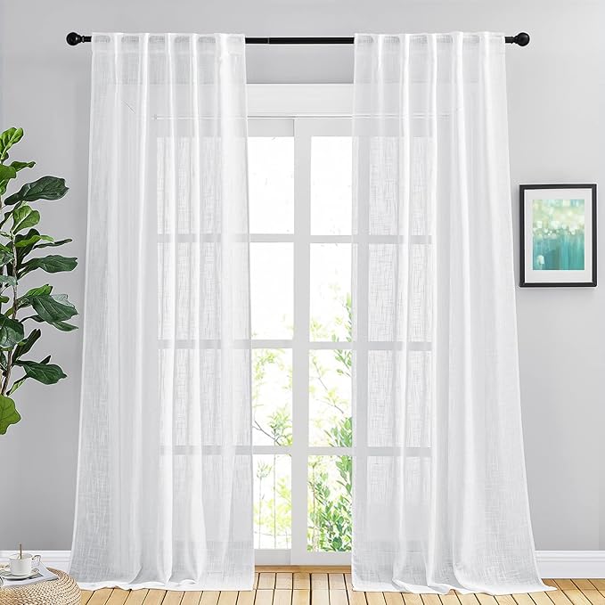 NICETOWN White Sheer Curtains for Living Room Extra Long 95" L, Rod Pocket & Back Tab Linen Sheer Window Curtains Semi Sheer Bedroom Window Treatment Privacy for Hall/Villa, 42" W, Set of 2