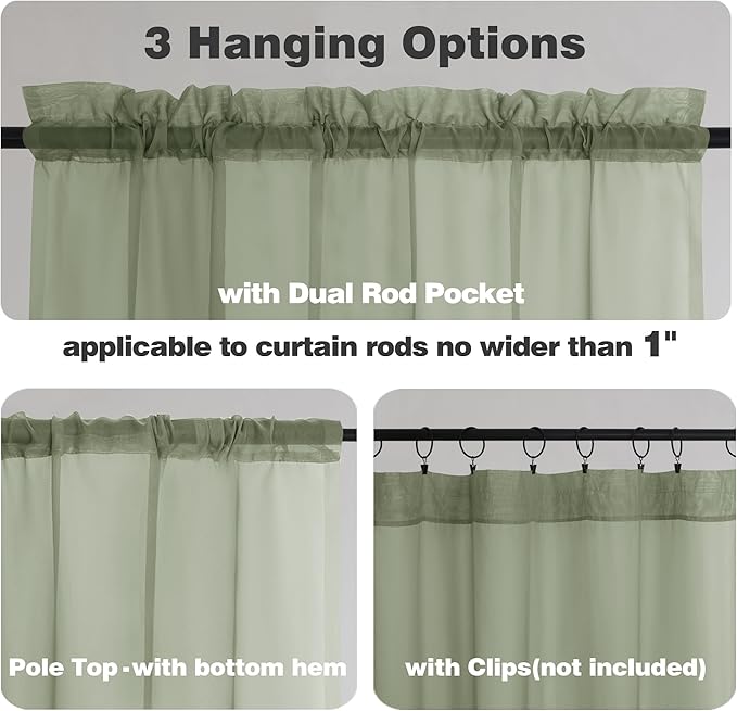Chyhomenyc Sage Green Sheer Curtains 63 Inch Length 2 Panels, Light Filtering Airy Breathable Rod Pocket Voile Window Drapes for Bedroom Living Room, Each 42x63 Inch，Set of 2