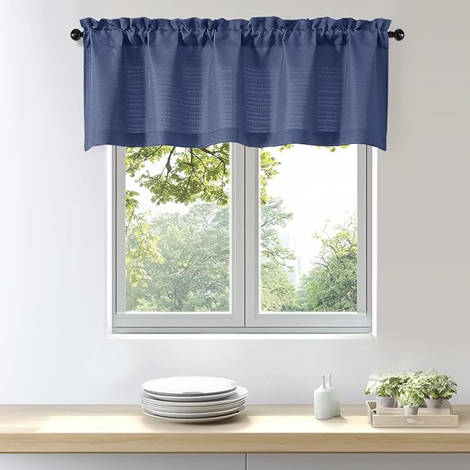 OWENIE Bob 1 PCS Blue Valances for Windows, Faux Linen Textured Kitchen Window Curtains Valance for Bedroom Living Room, Modern Soft Airy Solid Rod Pocket Bathroom Cafe Curtain, 60Wx20L Inch