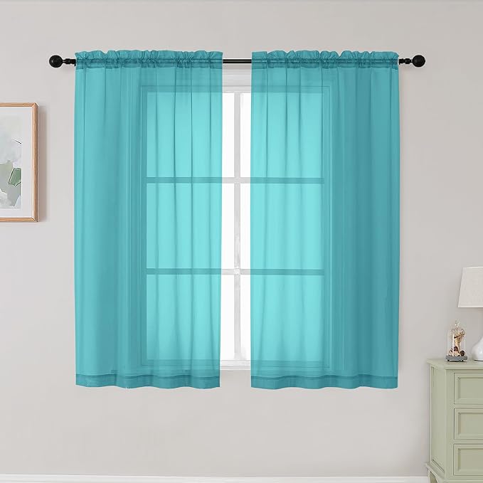 Turquoise Sheer Curtains for Bedroom Living Room 45 Inch Length 2 Panels, Soft Airy Light Filtering Small Kitchen Window Curtains, Rod Pocket Short Curtain Drapes, 42" Wx45 L Inches