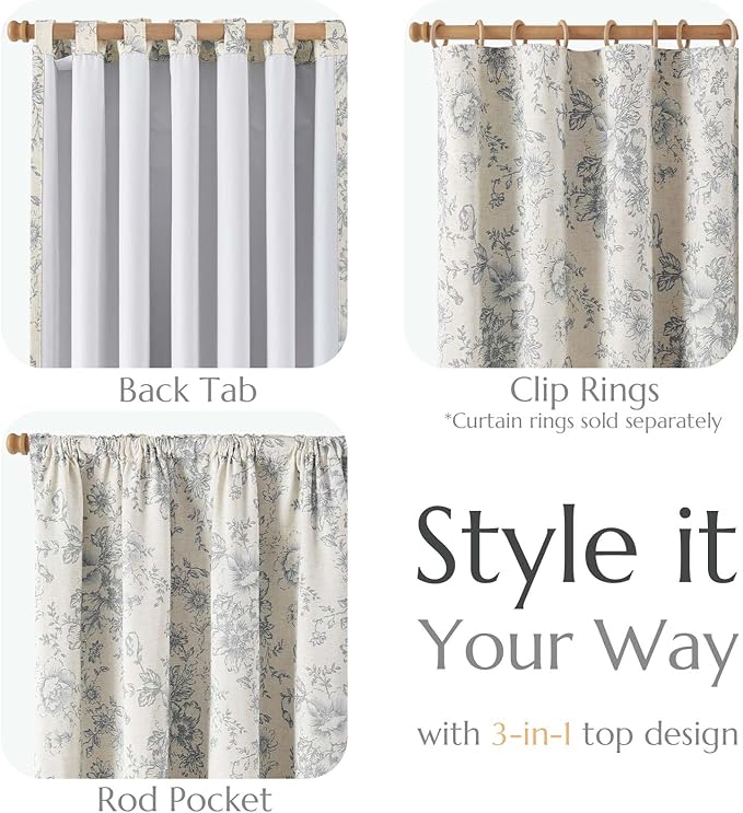 jinchan Blackout Floral Curtains for Living Room Bedroom Linen Blend Curtain Farmhouse Grey Printed with Lined Back Tab Rod Pocket Drapes Window Treatments 2 Panels 96 Inch Gray