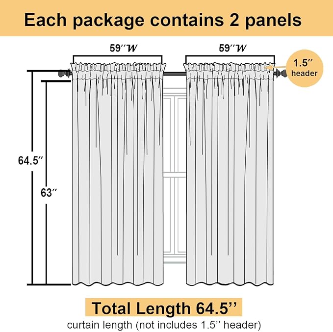 Lecloud Charcoal Grey Sheer Curtains 63 Inch Length 2 Panels, Rod Pocket Light Filtering Bedroom Curtains for Living Room, Window Treatments Voile Drapes for Bathroom, Each Panel 59" W x 63" L