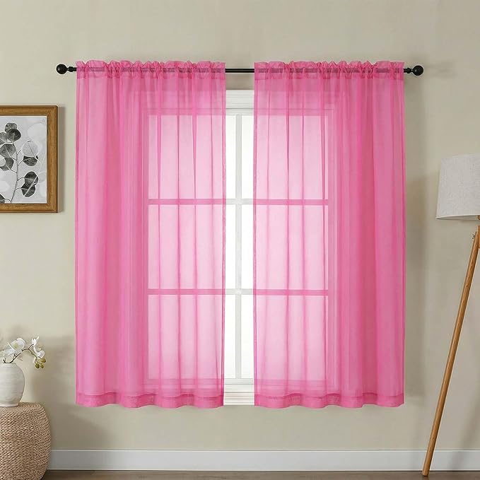 Gwine Sheer Curtains for Bedroom 54 inches Long - Light Filtering Voile Window Curtain Panels, Airy Transparent Rod Pocket Sheer Drapes for Living Room, Each 42Wx54L, 2 Panels, Hot Pink