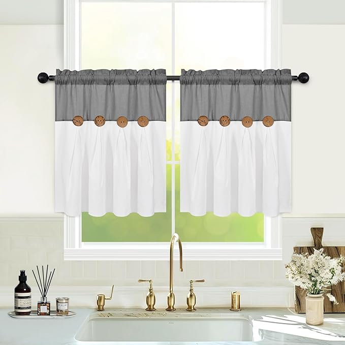 Boho Kitchen Curtains 24 Inch Length, Farmhouse Cotton Linen Tier Curtain, Rustic Button Short Curtains for Windows, Grey Country Cafe Drapes, Rod Pocket Small Window Curtain for Kitchen, 26x24