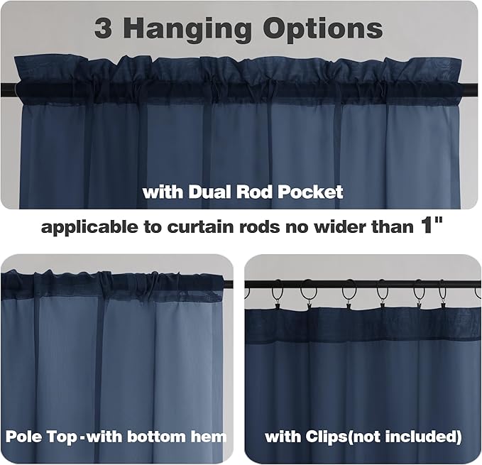 Chyhomenyc Sheer Window Curtains Tier 2 Pieces Set, 36 inch Length, Short Dining Curtains Window Treatment for Small Windows/Bathroom/Cafe/Living Room, Rod Pocket, Navy Blue