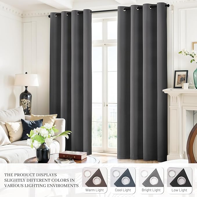 Yakamok Room Darkening 100% Blackout Curtains Grommet Window Treatments with 2 Thick Layers-Charcoal Grey Thermal Insulated Drapes Set of 2 Panels for Bedroom Living Room 52 Inches by 72 Inches Length