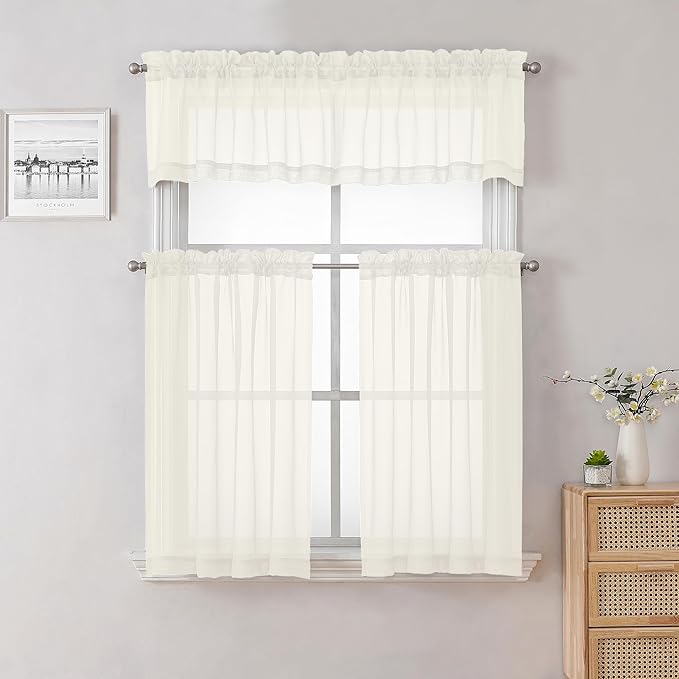 Lecloud Ivory Sheer Curtains Tiers 36 Inch Length Set of 2, Voile Kitchen Curtains for Small Windows, Double Rod Pocket Bedroom Living Room Cafe Decor Tiers, 40 W x 36 L Inch