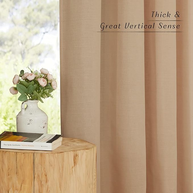 NICETOWN Natural Linen Camel Curtains 108 inches Long, Grommet Thick Linen Privacy Added Window Treatments with Light Filtering for Bedroom/Living Room, W55 x L108, 2 Panels