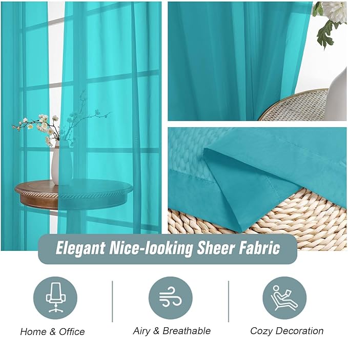 Turquoise Window Sheer Curtains 45 Inches Length, Voile Short Curtains for Living Room Bedroom, Modern Soft Window Drapes 2 Panels Set, Top Dual Rod Pocket Design, 2x42Wx45L Inches
