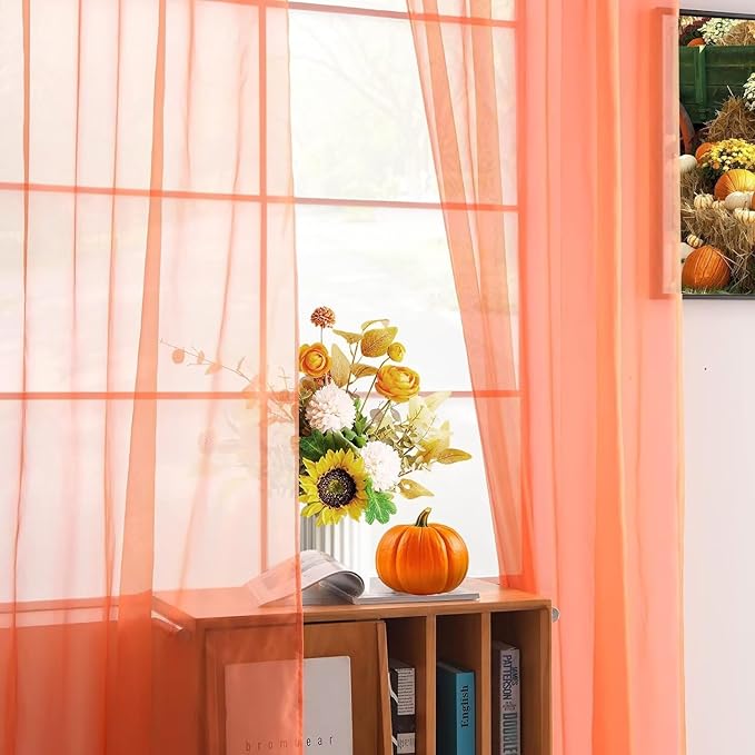 youleyar Solid Sheer Rod Pocket Curtain Voile Draperies 2 Panels White Beige Black Grey Coffee 52 Inch Width 63 Inch Long 1 Pair for Kitchen Bedroom Children Living Room Yard (Orange Red,52Wｘ63L)