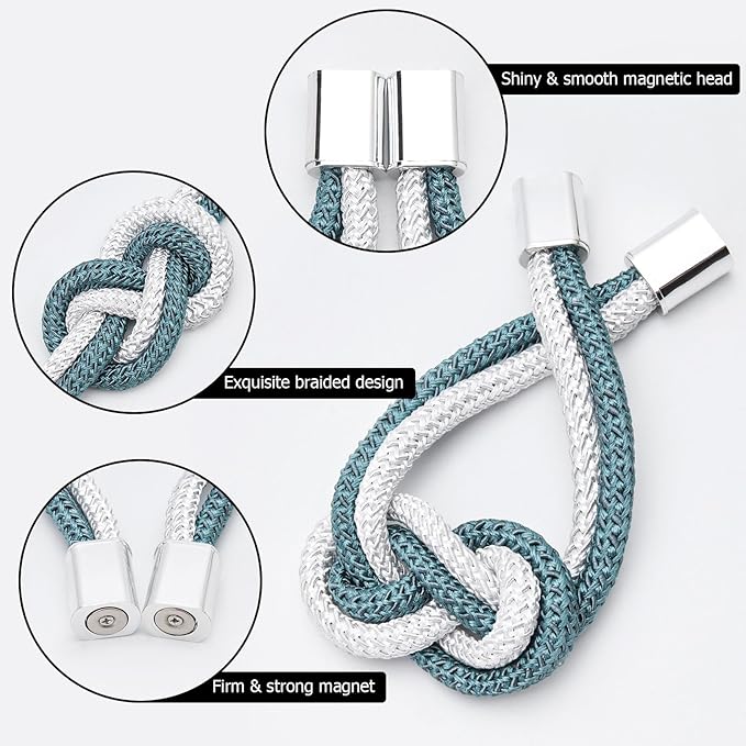 NICEEC 4 Pack Mini Magnetic Curtain Tiebacks Nordic Simple Style Drape Tie Backs Elegant Hand Weave Rope Knot Decorative Curtain Holdbacks for Home & Office Thin Window Drapery (Teal & White)
