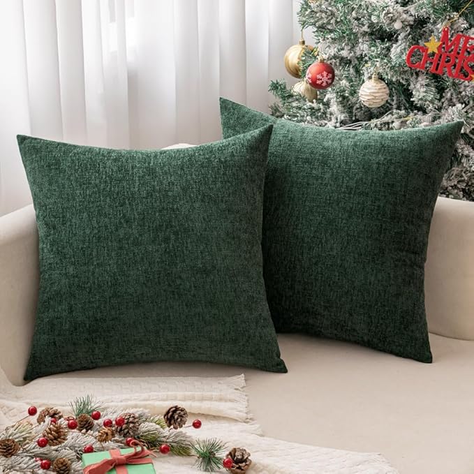 MIULEE Pack of 2 Green Throw Pillow Covers 18x18 Inch Soft Chenille Pillow Covers for Sofa Living Room Couch Solid Dyed Cases