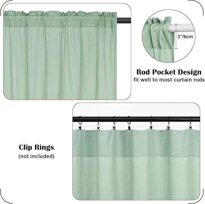 FRAMICS Boho Kitchen Curtains 24 Inch Length, Farmhouse Cotton Linen Tier Curtains, Rustic Button Short Curtains for Windows, Sage Green Country Cafe Curtains, Rod Pocket Small Window Curtains, 26x24