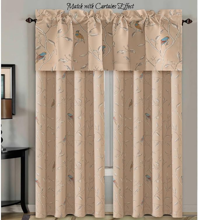 H.VERSAILTEX Blackout Curtain Valances for Kitchen Window/Living Room/Bathroom Privacy Added Rod Pocket Home Decoration Winow Valance, 52" W x 18" L, Birds in Taupe (Pack of 4)