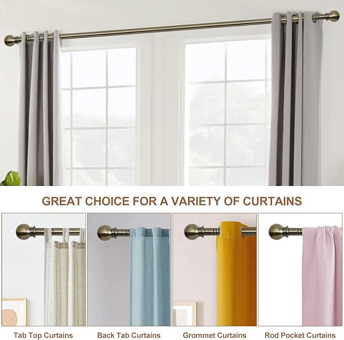 Antique Brass Curtain Rods for Windows 30 to 62 inch, 5/8 inch Brushed Brass Curtain Rod Set with Brackets, Heavy Duty Decorative Drapery Rod for Living Room, Splicing Adjustable Curtain Rod