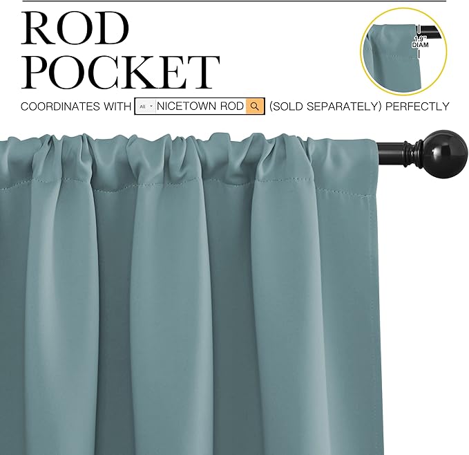 NICETOWN Greyish Blue Blackout Curtains Panels for Window, Thermal Insulated Rod Pocket Blackout Drapes/Draperies for Living Room (2 Panels, W34 x L72 inches)
