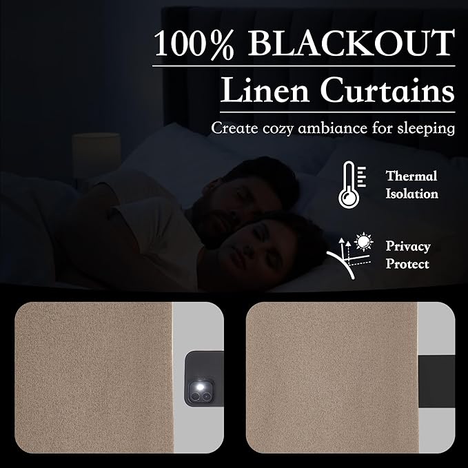 RYB HOME 100% Blackout Flax Linen Curtains, UV Protection Drapes for Bedroom, Rod Pocket & Back Tab UV Protection Drapes, Living Room & Villa Theater, Set of 2, W52 x L108, Mocha