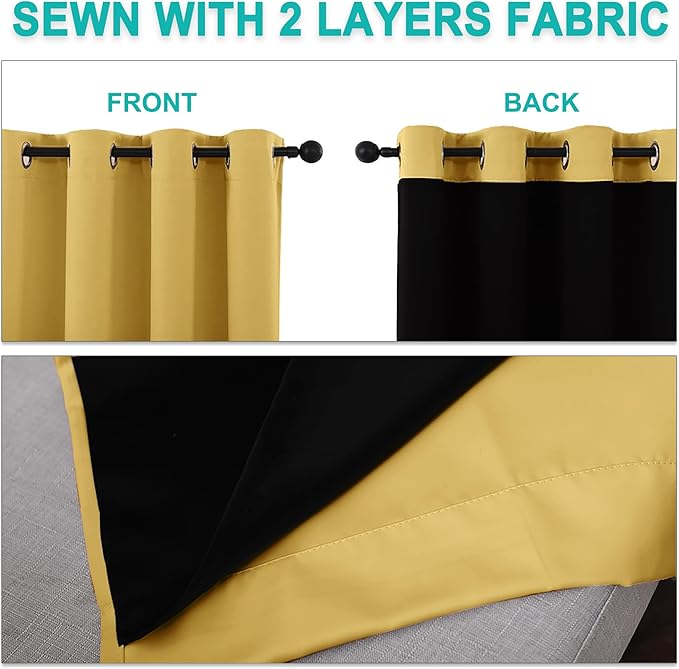 NICETOWN Bright Yellow Full Shade Curtain Panels, Pair of Thermal Insulated & Energy Efficiency Blackout Drapes for Living Room Windows, Lined Silky Performance Window Dressing (46" Wide x 72" Long)