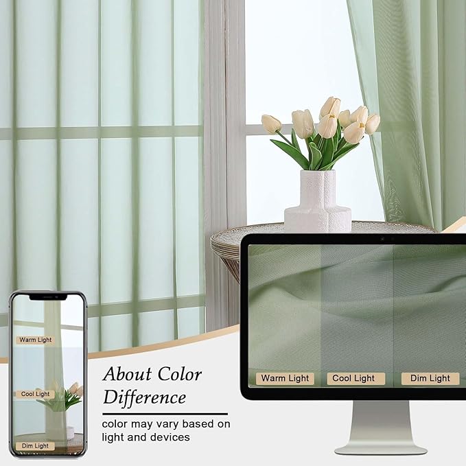 Extra Long Sheer Green Curtains for Bedroom Living Room 108 Inches Long 2 Panels Set, Solid Soft Light Filtering Rod Pocket Sheer Window Curtains, Sage, Each 59" Wx108 L Inch