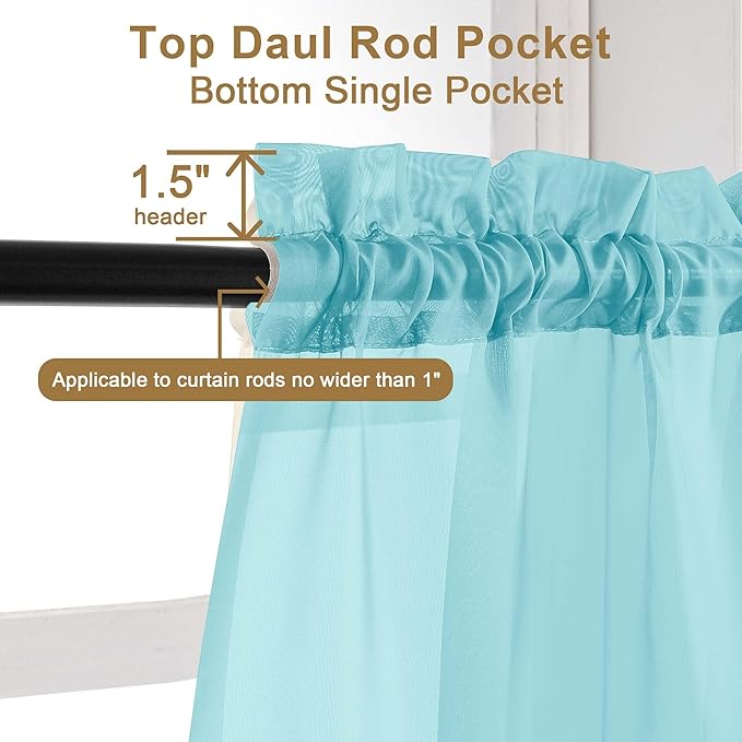 Chyhomenyc Sheer Valances for Windows, Light Filtering Small Window Curtains for Living Room Bathroom Cafe Laundry Basement, Modern Top Dual Rod Pocket Voile Curtain, 42Wx14L inches, Aqua, 2 Pieces