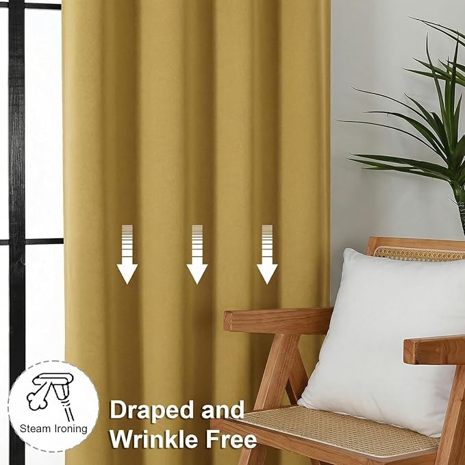 Simplebrand Ava Blackout Curtains for Patio 108 Inches Long 2 Panels Set, Solid Thermal Insulated Room Darkening Rod Pocket Window Treatment Curtains Blackout Drapes, W50 x L108 Inch, Bright Gold