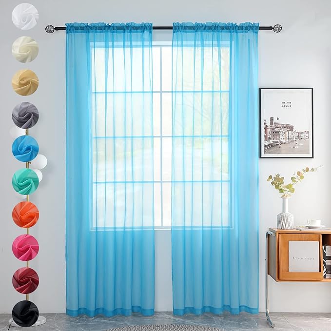youleyar Solid Sheer Rod Pocket Curtain Voile Draperies 2 Panels White Beige Black Grey Coffee 52 Inch Width 96 Inch Long 1 Pair for Kitchen Bedroom Children Living Room Yard (Cyan Blue,52Wｘ96L)