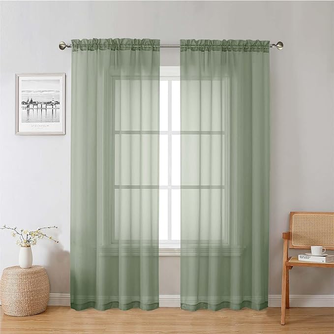 Lecloud Sage Green Sheer Curtains 78 Inches Long 2 Pcs, Modern Solid Voile Light Filtering Drapes, Airy Privacy Window Curtains with Rod Pocket for Dining Room/Bedroom/Living Room, Each 42" W x 78" L