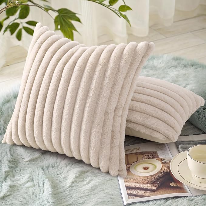 decorUhome Summer Cozy Faux Fur Throw Pillow Covers 24x24 Set of 2 Decorative Soft Plush Striped Modern Farmhouse Boho Couch Euro Sham Pillow Cases with Velvet Back for Sofa Bed Living Room, Beige