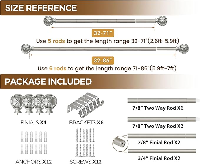 KAMANINA 2 Pack Curtain Rods for Windows 48 to 84 Inch, Antique Silver Heavy Duty Curtain Rod Adjustable, 7/8 Inch Single Decorative Drapery Rods 32 to 86 Inch(2.6-7.1Ft), Netted Texture Finials