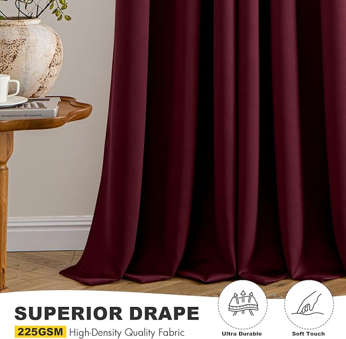 MIULEE Burgundy Red Blackout Curtains for Bedroom Living Room 72 Inches Long 2 Panels, Thermal Insulated Drapes Solid Grommet Top Noise Reduction Christmas Window Treatments W40 x L72 Inch