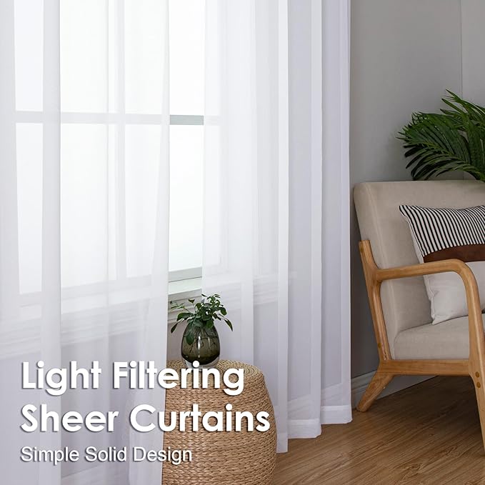 OVZME 2 Panels Sheer White Curtains 54 Inches Length Window Treatment for Kitchen, Elegant Airy Transparent Curtain Draperies Rod Pocket for Kids Living Room, Each 42 Width 54 Length