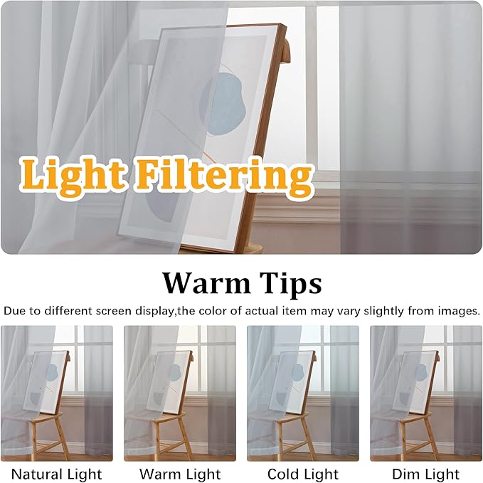 Gwine Light Grey Valances for Windows, Small Light Filtering Rod Pocket Cafe Valance Curtains, Soft Sheer Curtain for Bathroom Laundry Basement, 42Wx14L inch, 2 Pieces