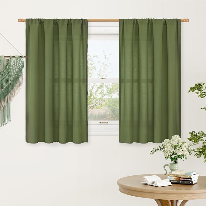 LAMIT Olive Green Linen Curtains 48 Inch for Short Windows, Soft Linen Textured Light Filtering Panels Farmhouse Boho Rod Pocket Drapes for Kitchen/Loft Room, 2 Panels, 42 x 48 Inch