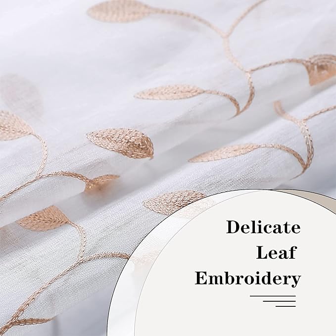 MRTREES Sheer Curtain Valances 2 Panels, Leaves Embroidered Voile Valance Curtains Rod Pocket, 54x16 Inches Small Sheer Window Curtain Valance for Bedroom/Living Room/Kitchen/Basement(Taupe Leaves)