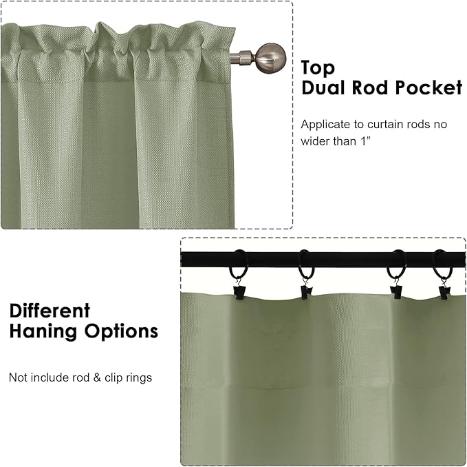 OWENIE Bob 1 PCS Green Valances for Windows, Faux Linen Textured Kitchen Window Curtains Valance for Bedroom Living Room, Modern Soft Airy Solid Rod Pocket Bathroom Cafe Curtain, 60Wx24L Inch