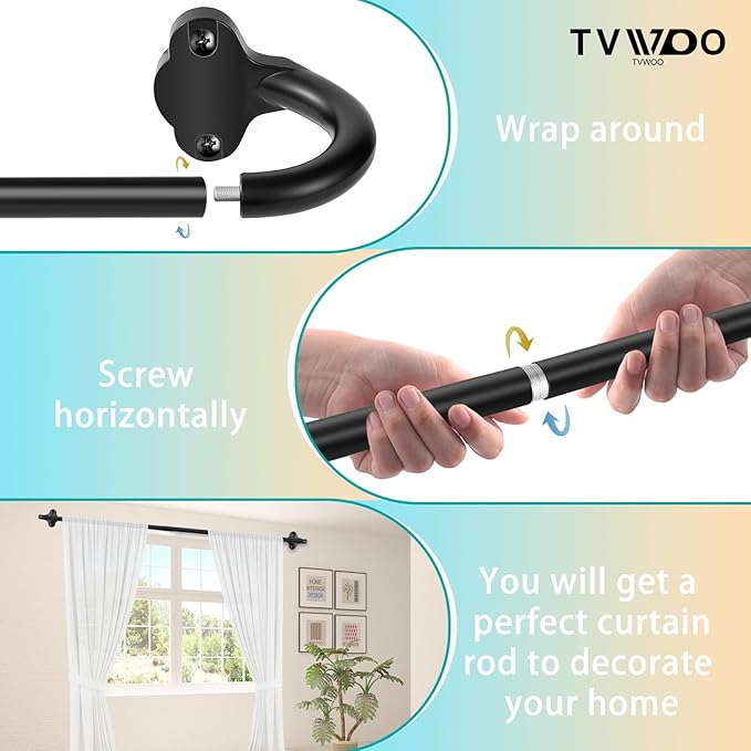 TVWOO Black Wrap Around Curtain Rods:5/8" Small Blackout Adjustable Window Curtain Rod for Bedroom Kitchen Apartment Renter Friendly,Room Darkening Curved Drapery Rods Easy Install,Matte Black 28-60"