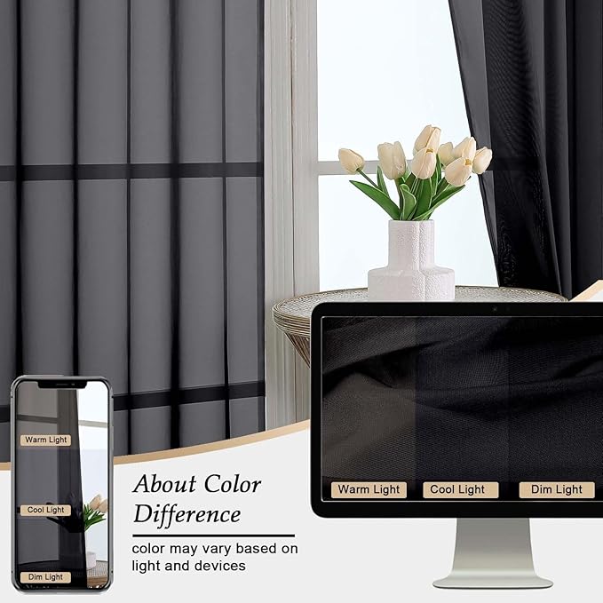 Black Sheer Curtains 90 Inches Long 2 Panels Set for Bedroom Living Room, Soft Airy Light Filtering Modern Solid Rod Pocket Drapes Window Treatments, Black, Each 59" W x 90" L