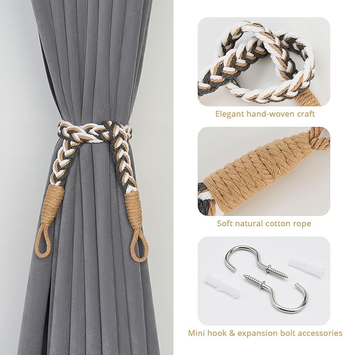 NICEEC 2 Pack Natural Cotton Rope Curtain Tiebacks Elegant Boho Style Decorative Drape Tie Backs Soft Hand-Woven Rope Curtain Holdbacks with Metal Hook for Home & Office Drapery (Grey & Beige)