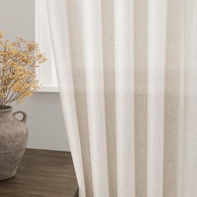 Linen Beige Curtains 145 inch Extra Long for Living Room Back Tab Light Filtering Semi Sheer Drapes Modern Farmhouse Coastal Decor Cotton Textured Curtain for Floor to Ceiling High Window 52x145