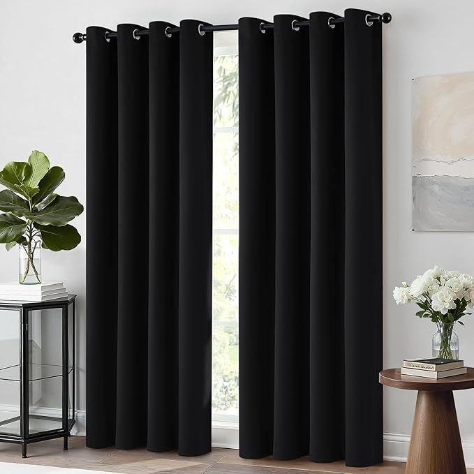 Yakamok Black Out Curtains 63 Inch Length for Bedroom-Black Thermal Insulated Drapes with Grommets Top Window Treament Curtain for Living Room,52 x 63 inch, Black, 2 Panels Set
